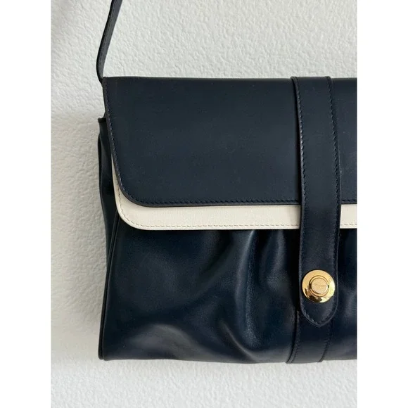 Vintage Salvatore Ferragamo Shoulder Bag Medium Navy Blue Leather Gold Hardware - Picture 8 of 11
